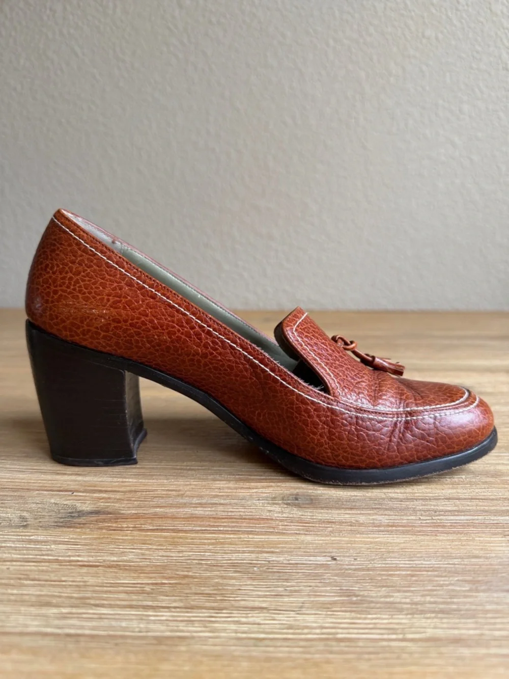 Paul Mayer Pebbled Leather Tassel Block Heels in Cognac - Picture 3 of 12